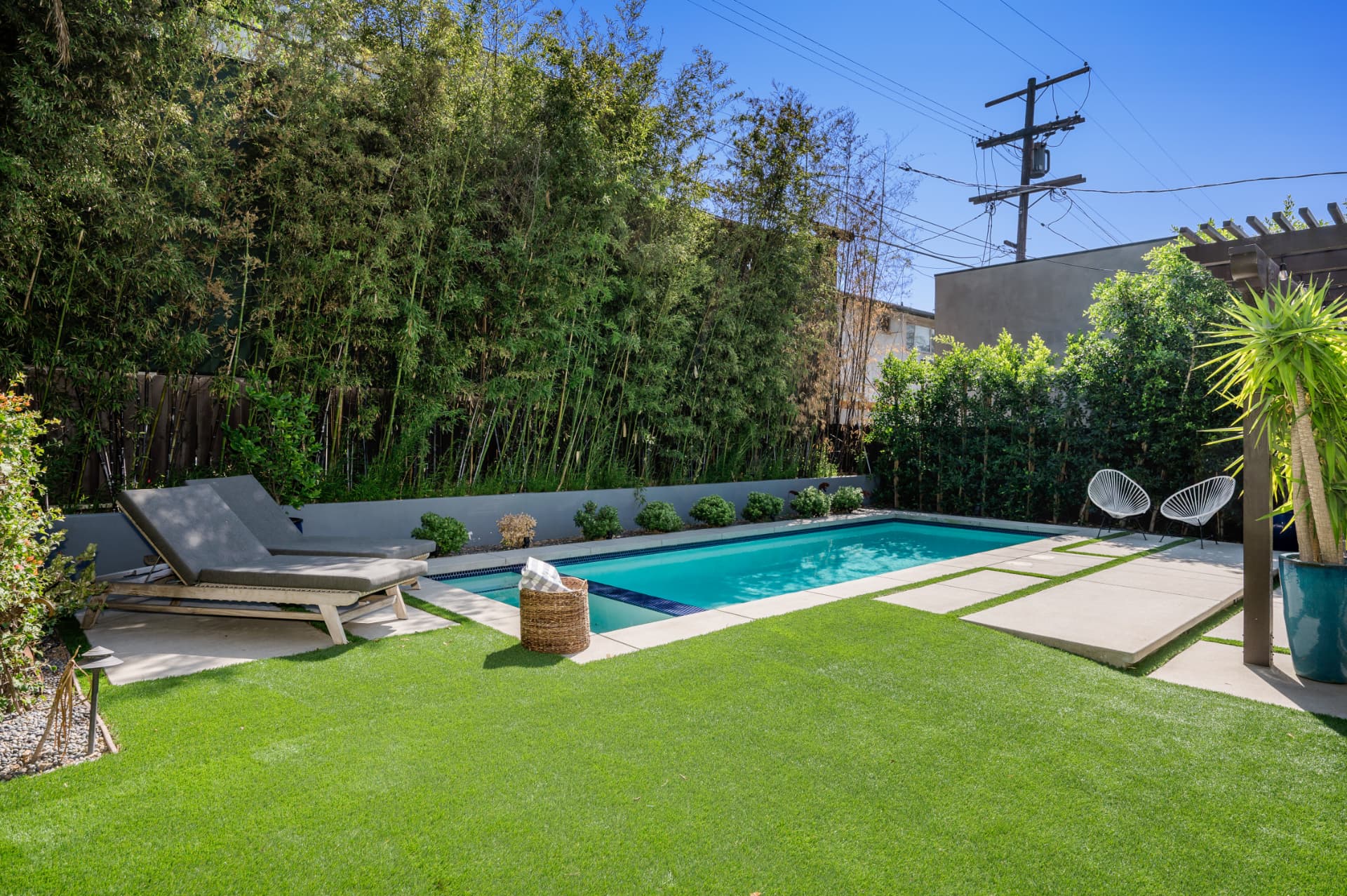 Artificial turf backyard installation with pool in McKinney, Texas