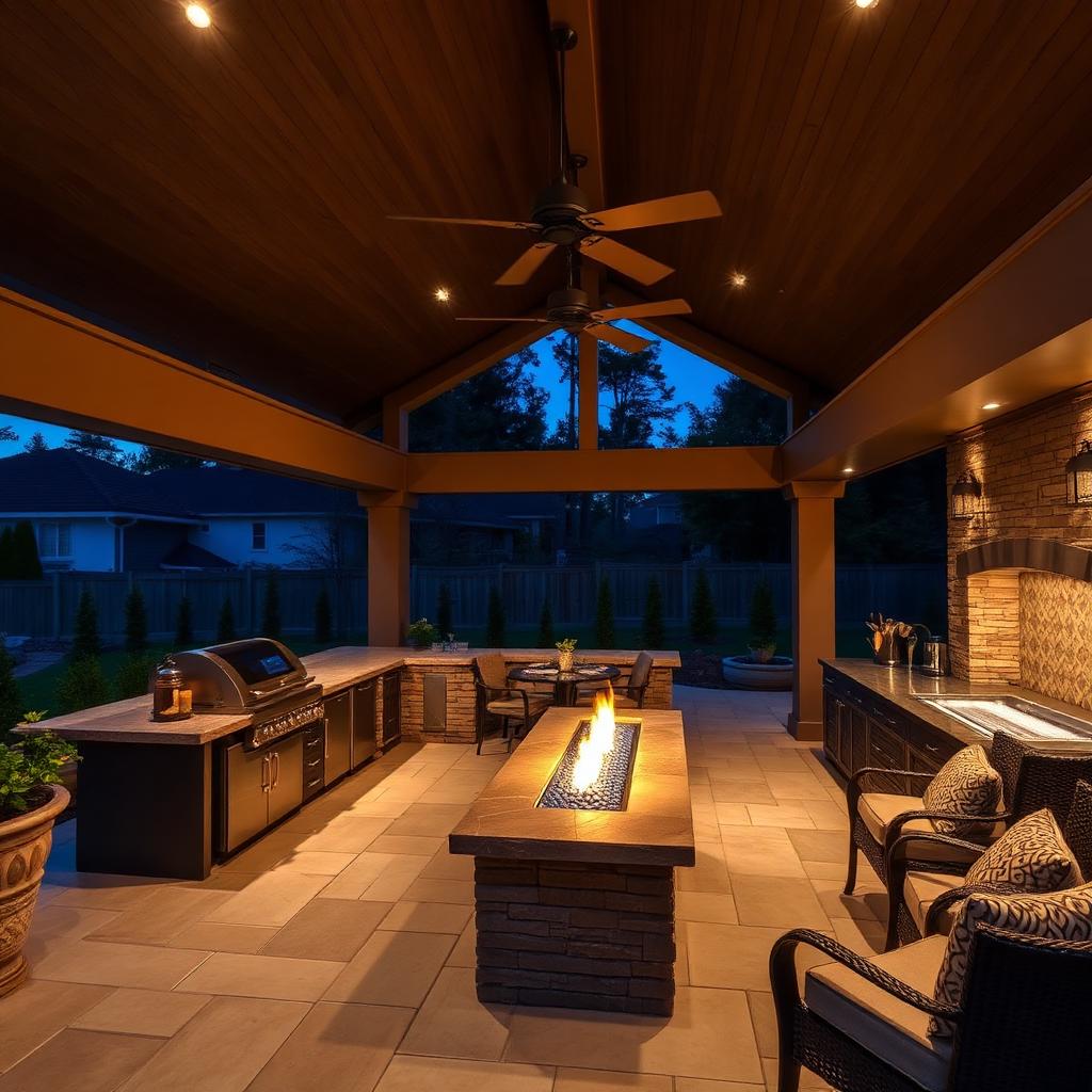 Covered outdoor living space with fire feature at night in Frisco, Texas