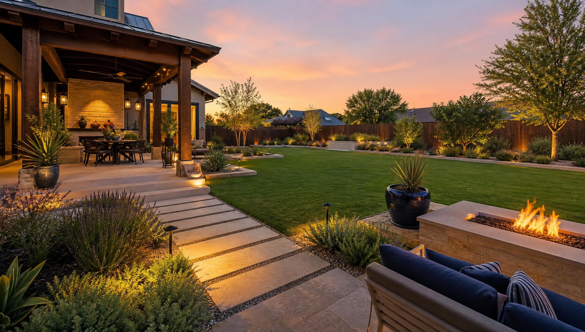Professionally landscaped and lit backyard for a home in Prosper, Texas
